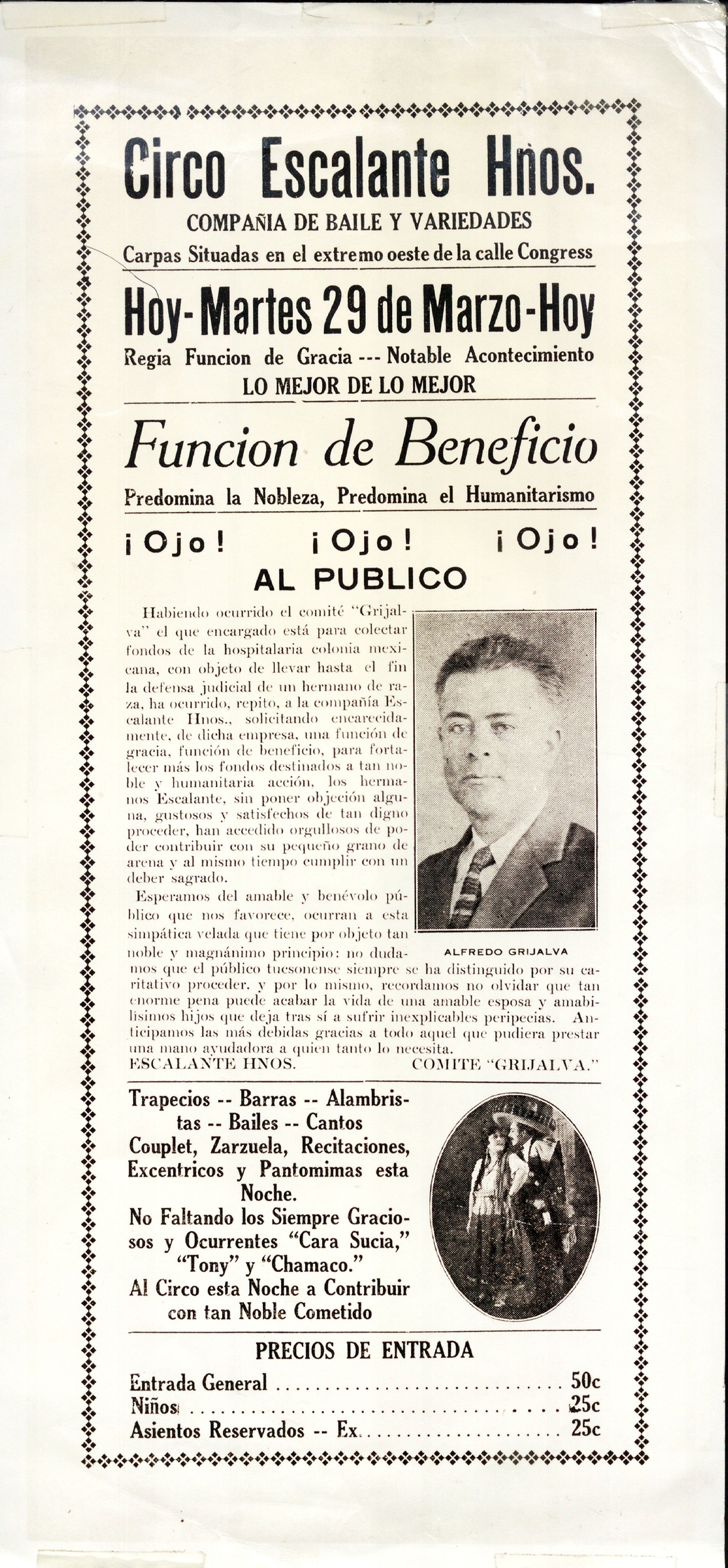 Circo Escalante Hnos. [Hermanos] compañía de baile y variedades, carpas situadas en el extremo oeste de la calle Congress, función de beneficio<br><br>Escalante Brothers Circus, dance and variety company, tents located at the far west end of Congress Street, benefit show